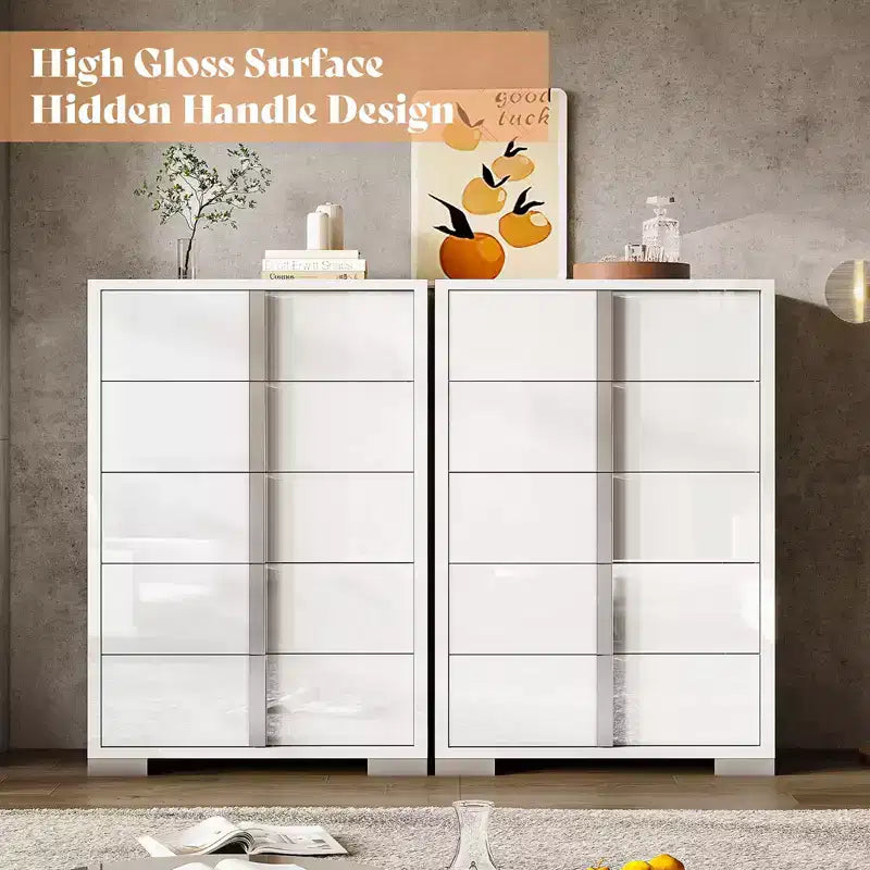 AMERLIFE 50.2 H 5 Drawer Dresser, Glossy Surface Chest of Drawers, Large Storage Organizer