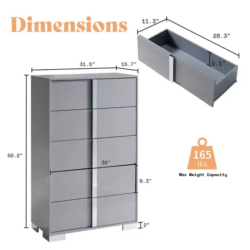 AMERLIFE 50.2 H 5 Drawer Dresser, Glossy Surface Chest of Drawers, Large Storage Organizer