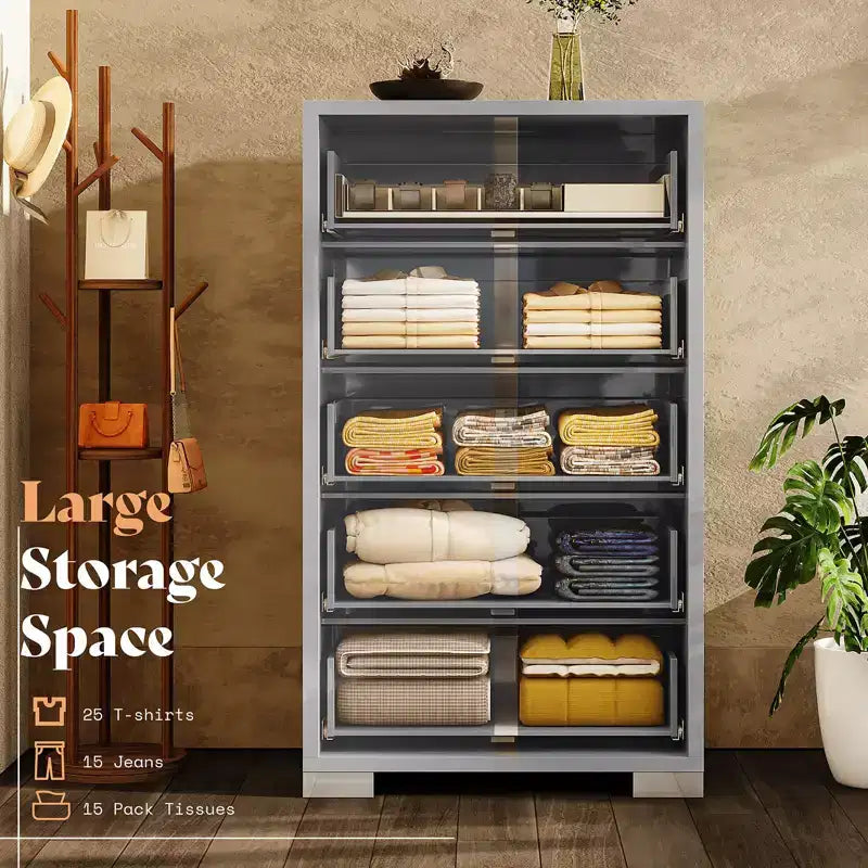 AMERLIFE 50.2 H 5 Drawer Dresser, Glossy Surface Chest of Drawers, Large Storage Organizer