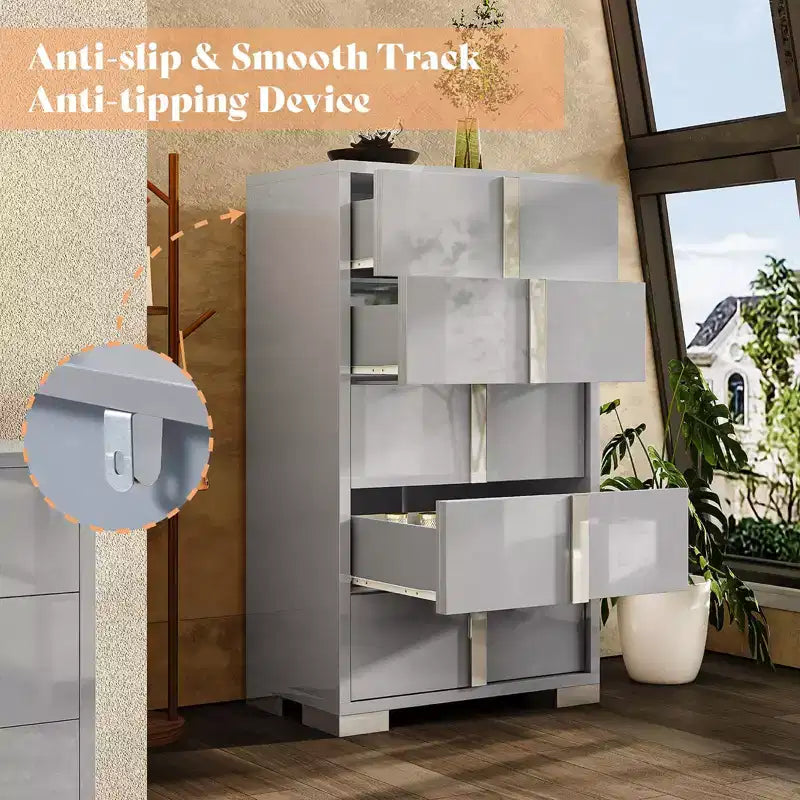 AMERLIFE 50.2 H 5 Drawer Dresser, Glossy Surface Chest of Drawers, Large Storage Organizer