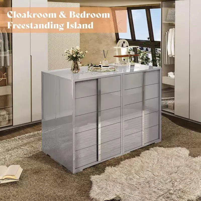AMERLIFE 50.2 H 5 Drawer Dresser, Glossy Surface Chest of Drawers, Large Storage Organizer