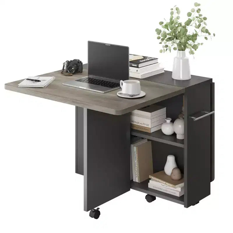 Foldable dining table with 2 layers of storage, extendable dining table set, movable table, can be used as dining table, office desk, console table