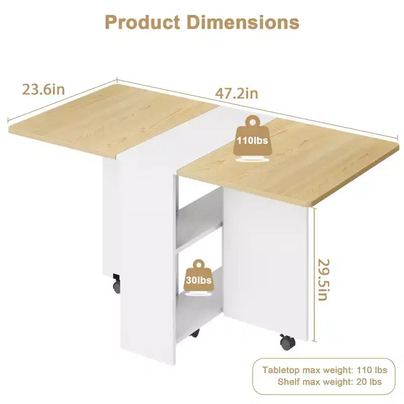 Foldable dining table with 2 layers of storage, extendable dining table set, movable table, can be used as dining table, office desk, console table