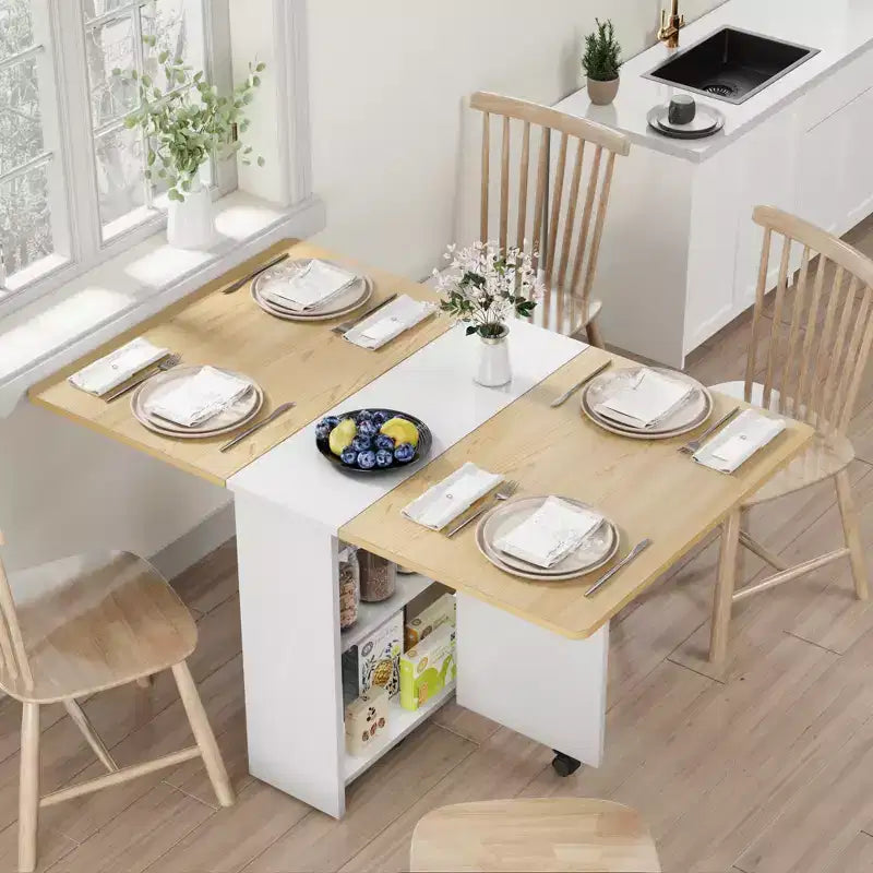 Foldable dining table with 2 layers of storage, extendable dining table set, movable table, can be used as dining table, office desk, console table