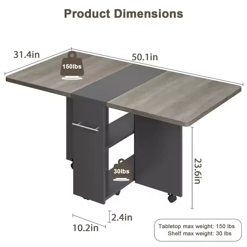 Foldable dining table with 2 layers of storage, extendable dining table set, movable table, can be used as dining table, office desk, console table