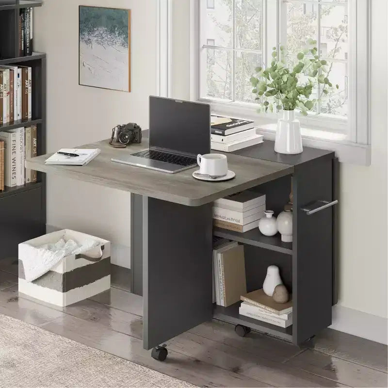 Foldable dining table with 2 layers of storage, extendable dining table set, movable table, can be used as dining table, office desk, console table