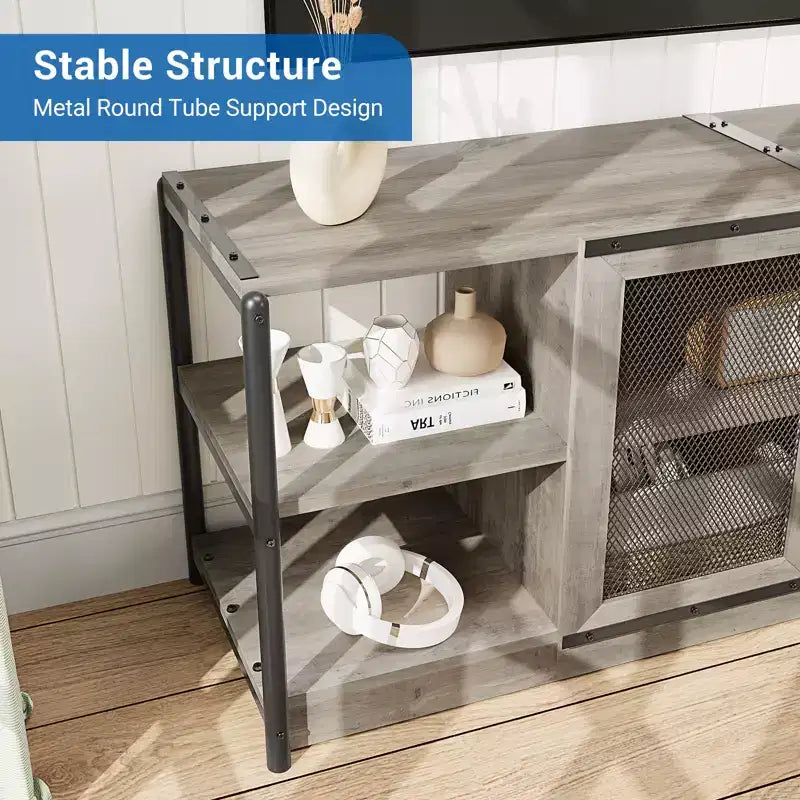 TV stand for 70 inch TV with storage and 2 mesh doors, wooden rustic style TV stand, double tier farmhouse style TV table for living room and bedroom