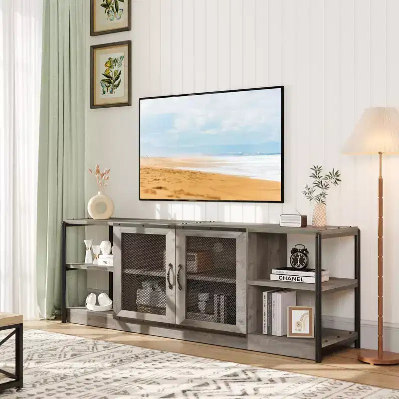 TV stand for 70 inch TV with storage and 2 mesh doors, wooden rustic style TV stand, double tier farmhouse style TV table for living room and bedroom