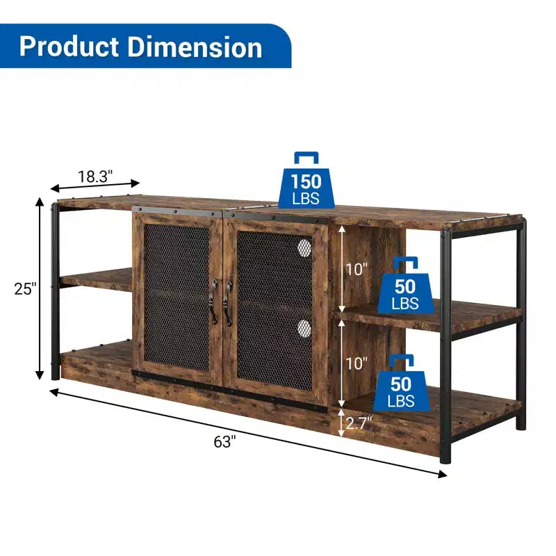 TV stand for 70 inch TV with storage and 2 mesh doors, wooden rustic style TV stand, double tier farmhouse style TV table for living room and bedroom