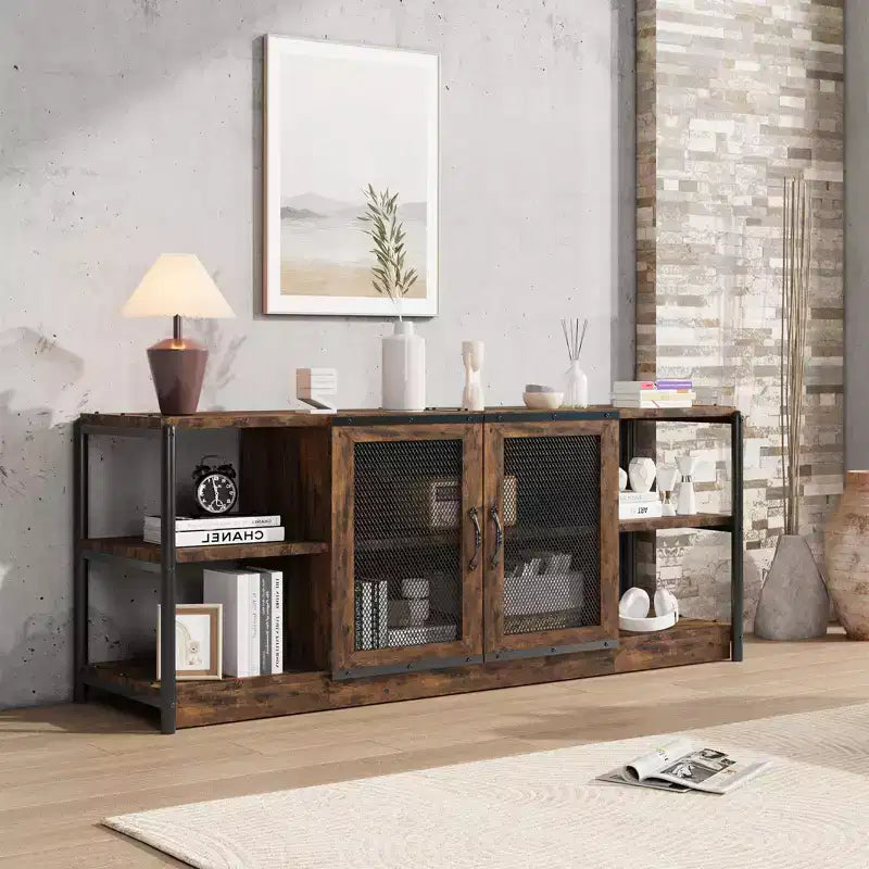 TV stand for 70 inch TV with storage and 2 mesh doors, wooden rustic style TV stand, double tier farmhouse style TV table for living room and bedroom