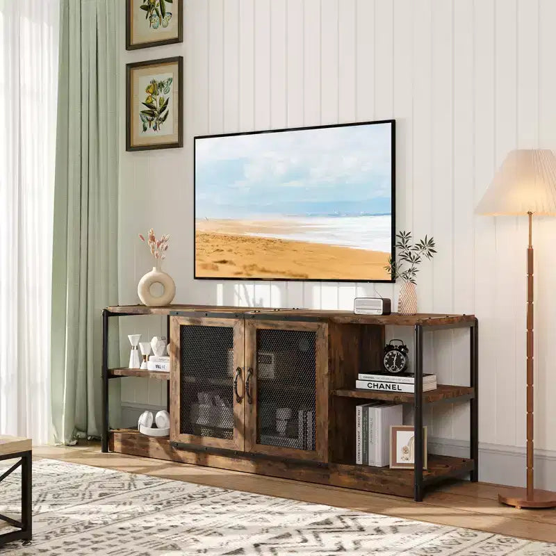 TV stand for 70 inch TV with storage and 2 mesh doors, wooden rustic style TV stand, double tier farmhouse style TV table for living room and bedroom
