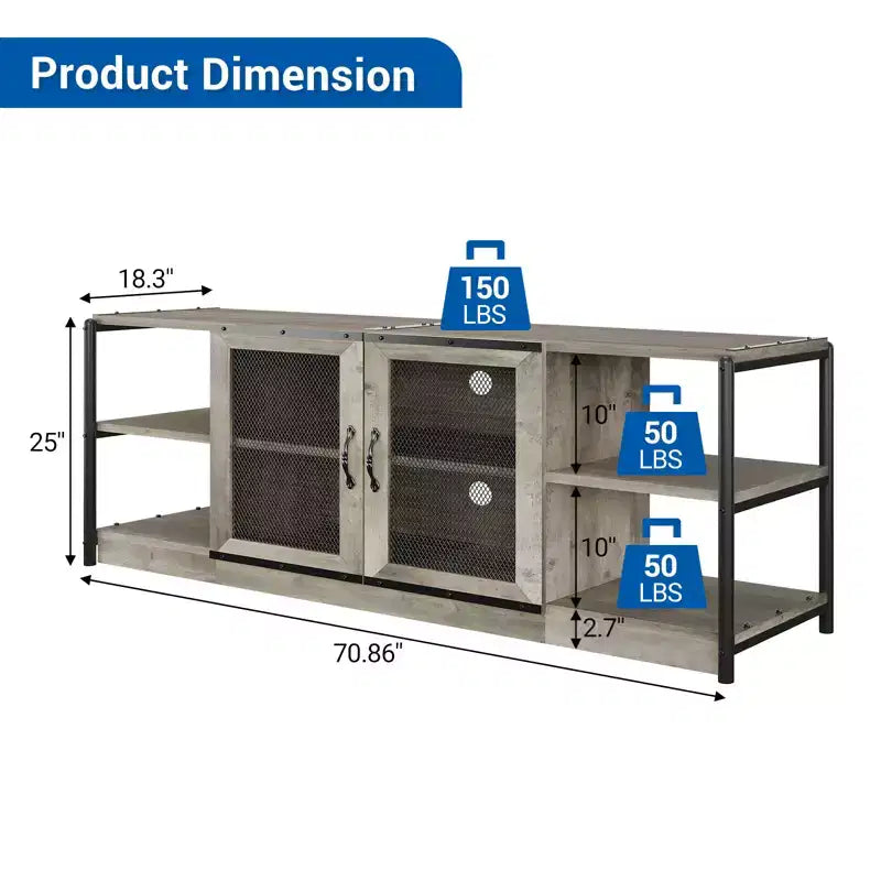 TV stand for 70 inch TV with storage and 2 mesh doors, wooden rustic style TV stand, double tier farmhouse style TV table for living room and bedroom