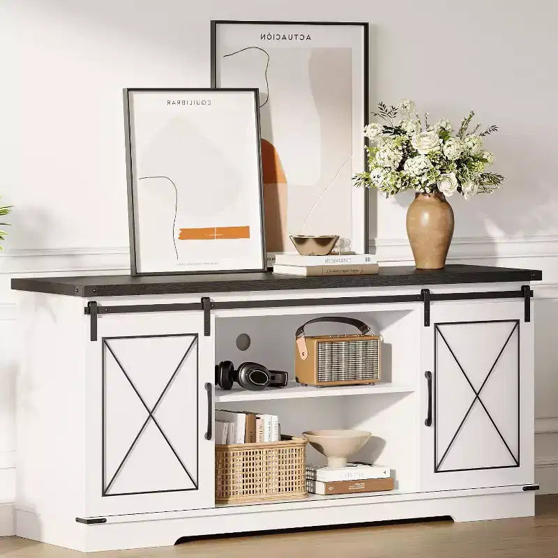 Farmhouse TV Stand for 65 TVs  Entertainment Center with Sliding Barn Doors, Adjustable Shelf & Storage Cabinet for Living Room or Bedroom