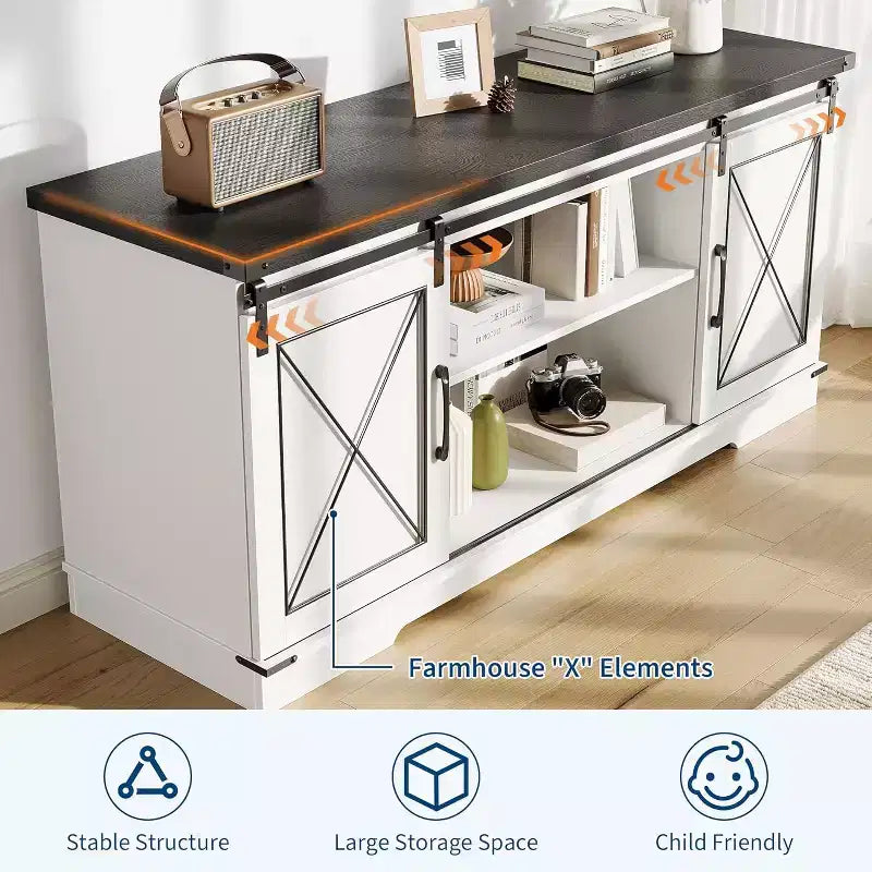 Farmhouse TV Stand for 65 TVs  Entertainment Center with Sliding Barn Doors, Adjustable Shelf & Storage Cabinet for Living Room or Bedroom