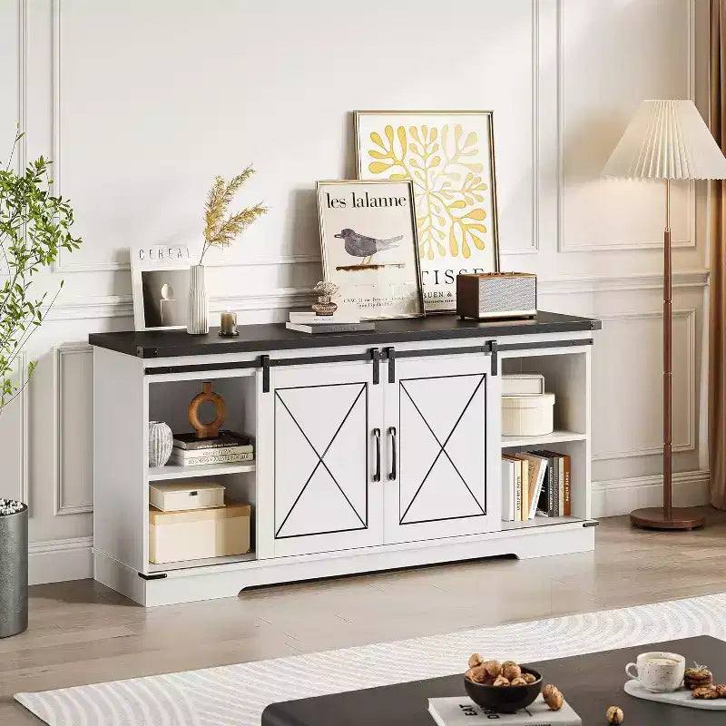 Farmhouse TV Stand for 65 TVs  Entertainment Center with Sliding Barn Doors, Adjustable Shelf & Storage Cabinet for Living Room or Bedroom