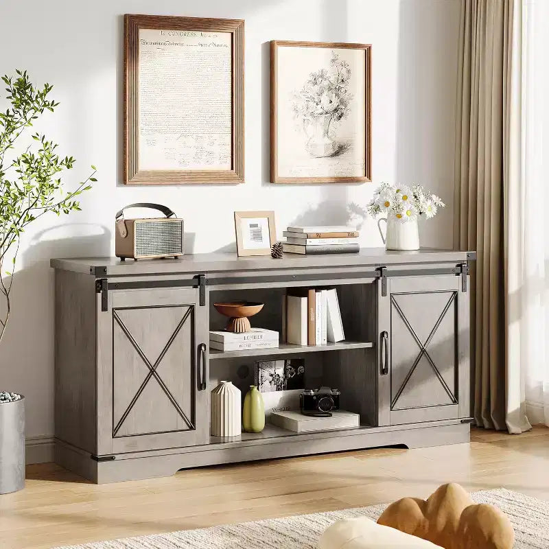 Farmhouse TV Stand for 65 TVs  Entertainment Center with Sliding Barn Doors, Adjustable Shelf & Storage Cabinet for Living Room or Bedroom