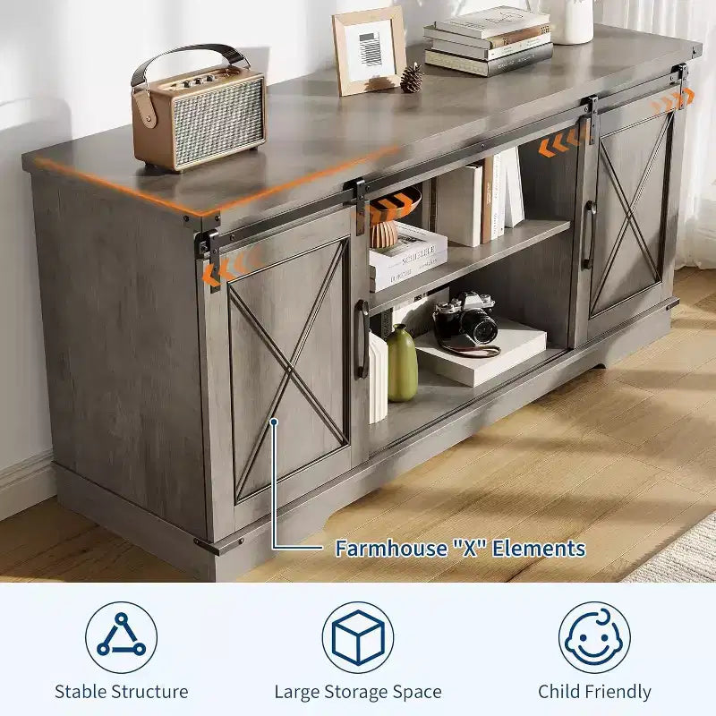 Farmhouse TV Stand for 65 TVs  Entertainment Center with Sliding Barn Doors, Adjustable Shelf & Storage Cabinet for Living Room or Bedroom