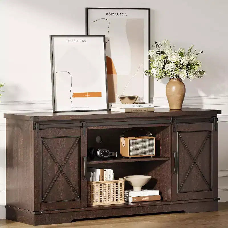 Farmhouse TV Stand for 65 TVs  Entertainment Center with Sliding Barn Doors, Adjustable Shelf & Storage Cabinet for Living Room or Bedroom