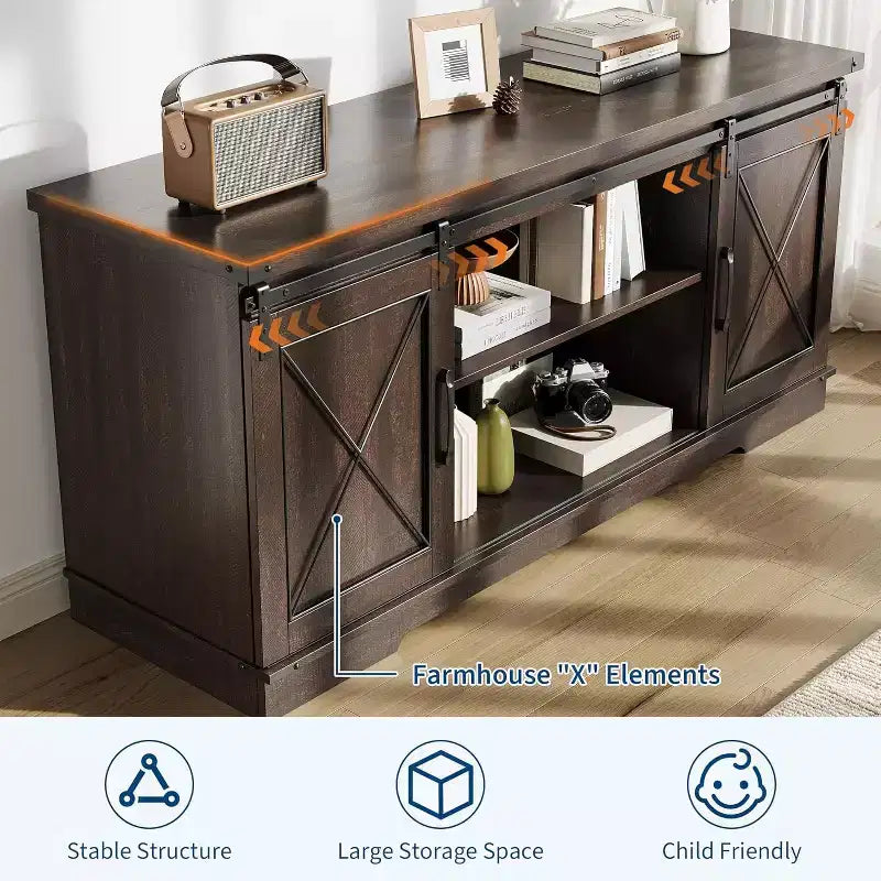 Farmhouse TV Stand for 65 TVs  Entertainment Center with Sliding Barn Doors, Adjustable Shelf & Storage Cabinet for Living Room or Bedroom
