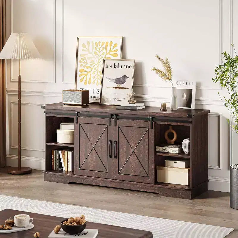 Farmhouse TV Stand for 65 TVs  Entertainment Center with Sliding Barn Doors, Adjustable Shelf & Storage Cabinet for Living Room or Bedroom