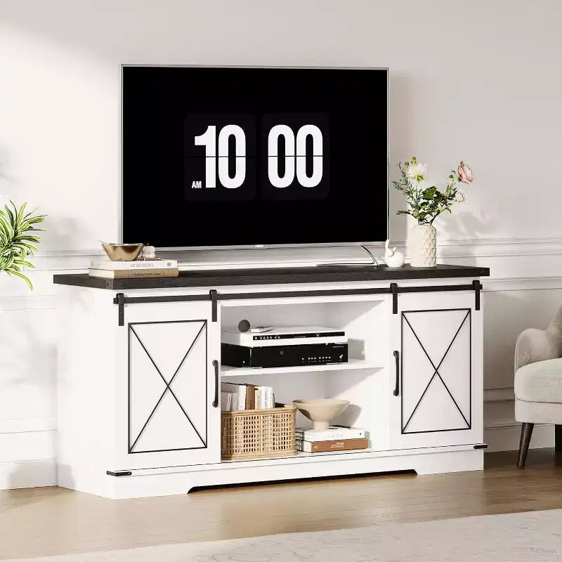 Farmhouse TV Stand for 65 TVs  Entertainment Center with Sliding Barn Doors, Adjustable Shelf & Storage Cabinet for Living Room or Bedroom