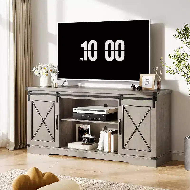 Farmhouse TV Stand for 65 TVs  Entertainment Center with Sliding Barn Doors, Adjustable Shelf & Storage Cabinet for Living Room or Bedroom
