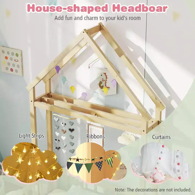 Costway Twin Size House Floor Bed with House-shaped Headboard Clothes Hanger without Slats Gray/Beige/Pink/White