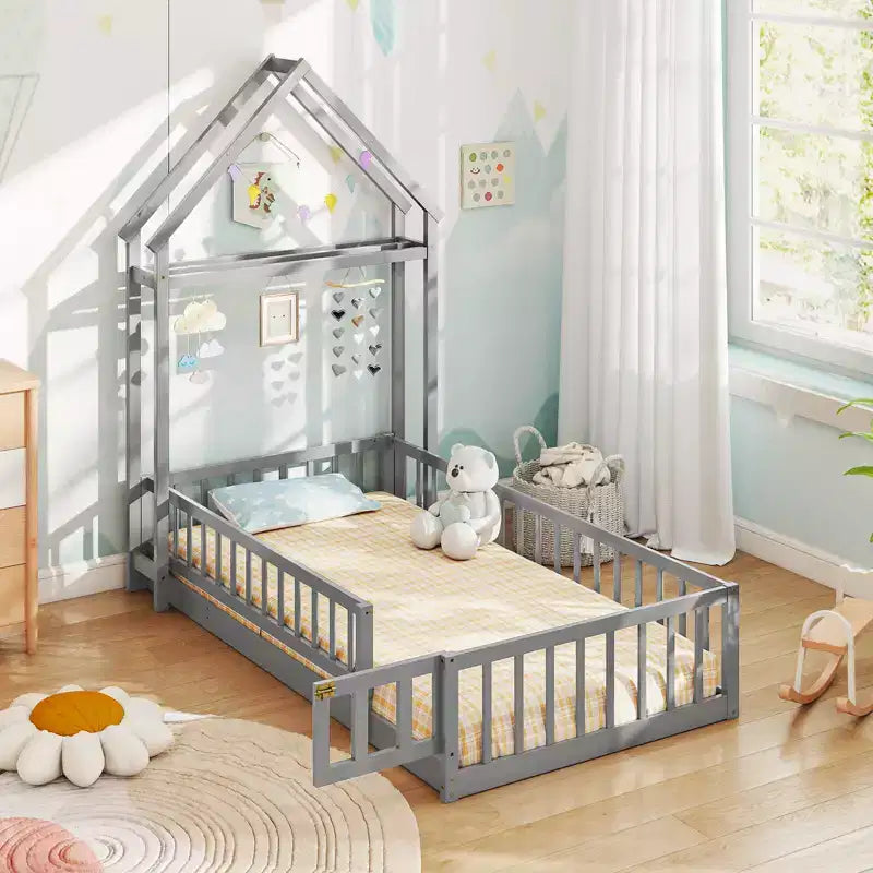 Costway Twin Size House Floor Bed with House-shaped Headboard Clothes Hanger without Slats Gray/Beige/Pink/White