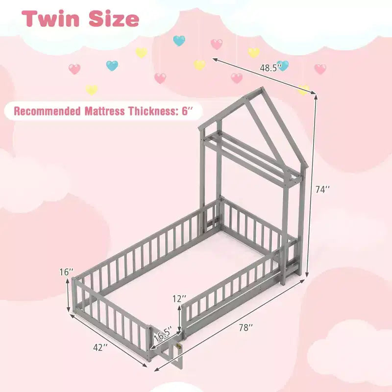 Costway Twin Size House Floor Bed with House-shaped Headboard Clothes Hanger without Slats Gray/Beige/Pink/White