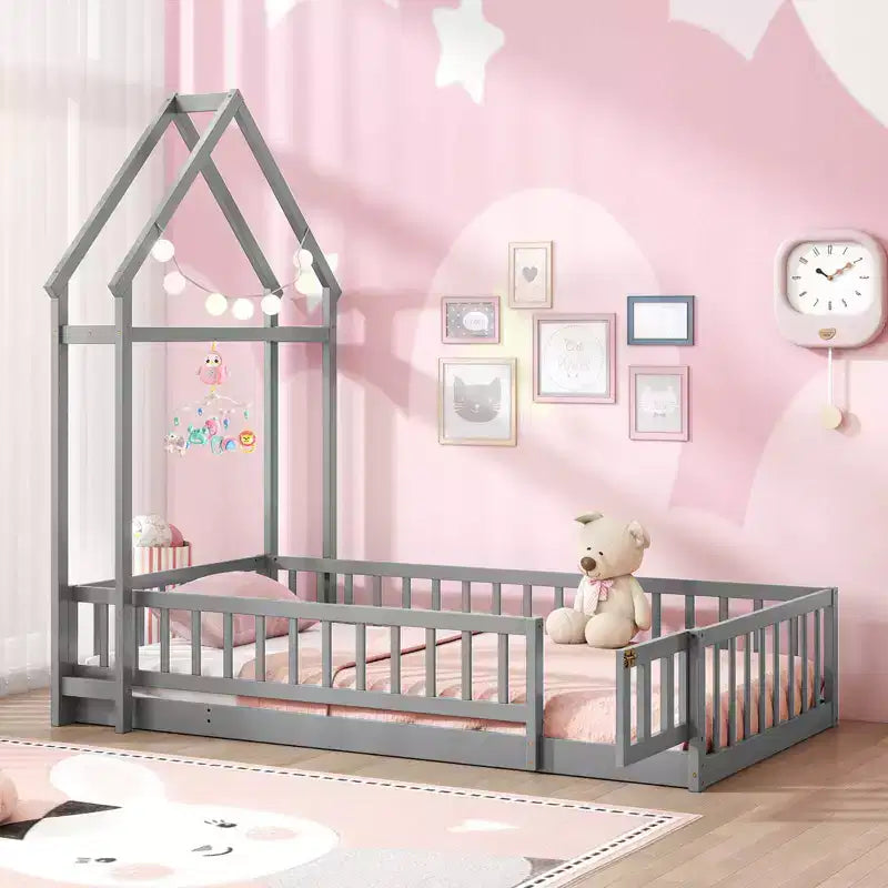 Costway Twin Size House Floor Bed with House-shaped Headboard Clothes Hanger without Slats Gray/Beige/Pink/White