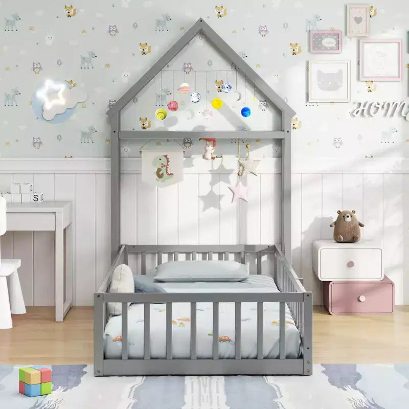 Costway Twin Size House Floor Bed with House-shaped Headboard Clothes Hanger without Slats Gray/Beige/Pink/White
