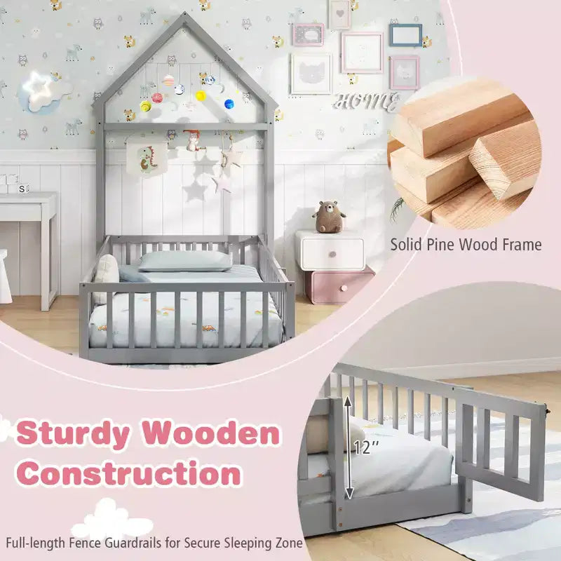 Costway Twin Size House Floor Bed with House-shaped Headboard Clothes Hanger without Slats Gray/Beige/Pink/White