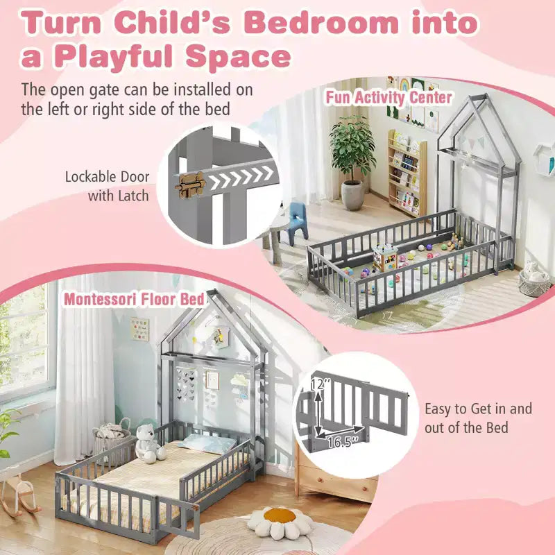 Costway Twin Size House Floor Bed with House-shaped Headboard Clothes Hanger without Slats Gray/Beige/Pink/White