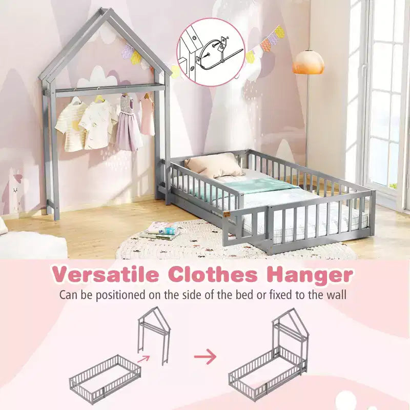 Costway Twin Size House Floor Bed with House-shaped Headboard Clothes Hanger without Slats Gray/Beige/Pink/White