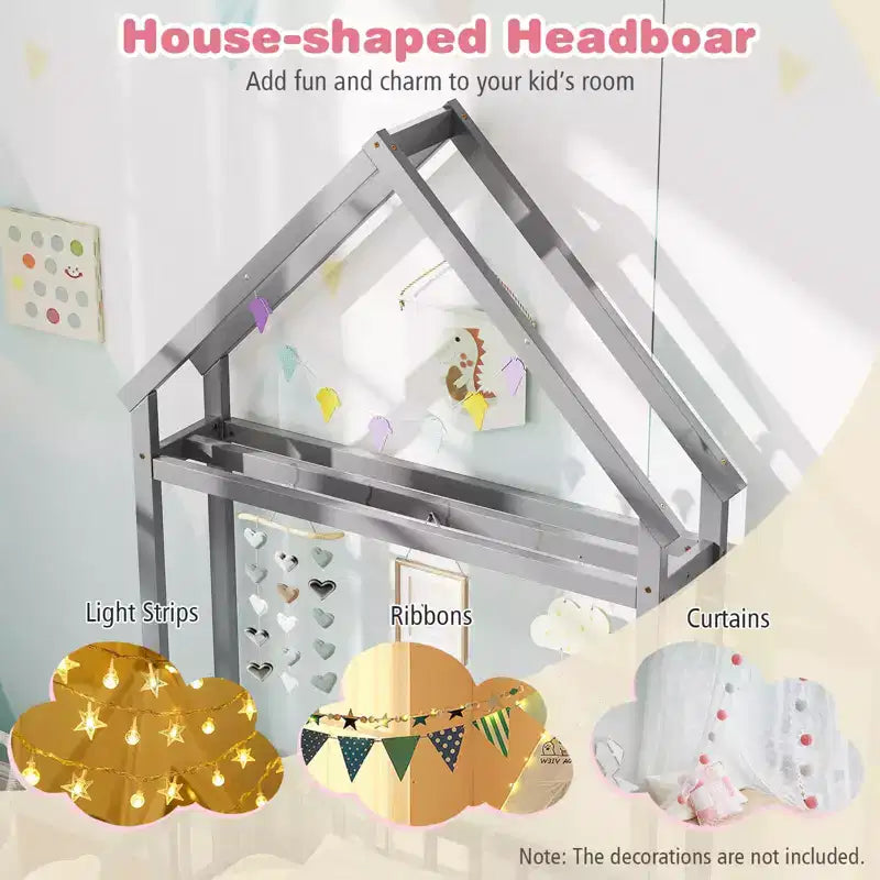 Costway Twin Size House Floor Bed with House-shaped Headboard Clothes Hanger without Slats Gray/Beige/Pink/White
