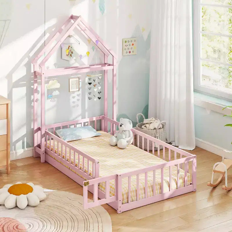 Costway Twin Size House Floor Bed with House-shaped Headboard Clothes Hanger without Slats Gray/Beige/Pink/White