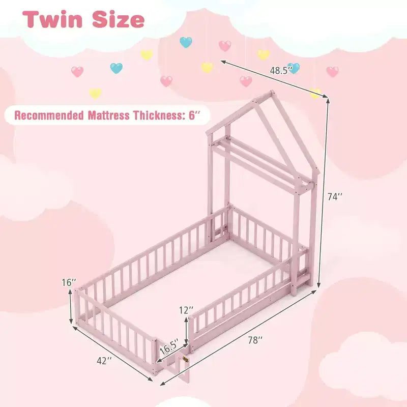 Costway Twin Size House Floor Bed with House-shaped Headboard Clothes Hanger without Slats Gray/Beige/Pink/White