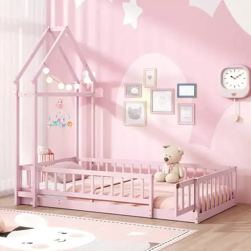 Costway Twin Size House Floor Bed with House-shaped Headboard Clothes Hanger without Slats Gray/Beige/Pink/White