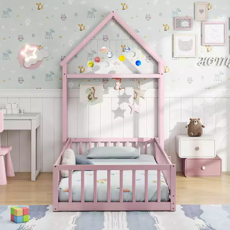 Costway Twin Size House Floor Bed with House-shaped Headboard Clothes Hanger without Slats Gray/Beige/Pink/White