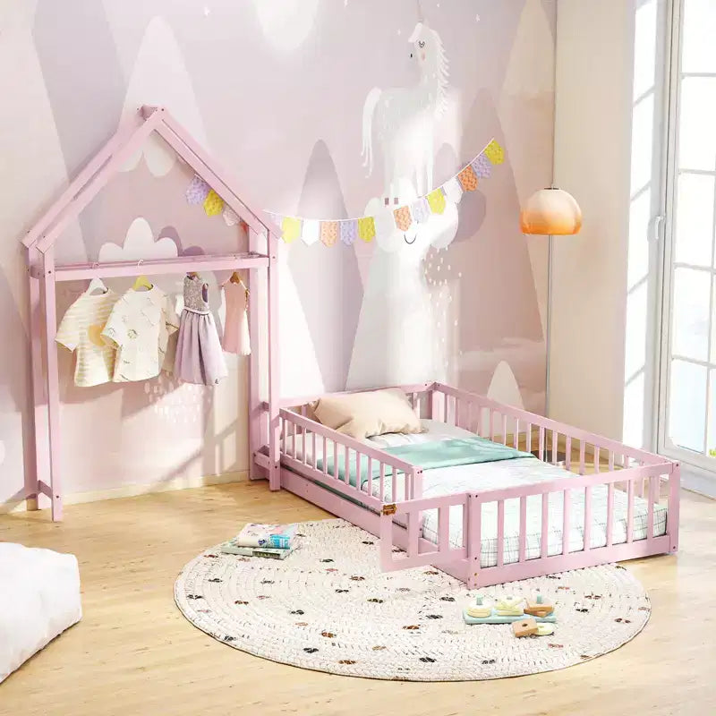 Costway Twin Size House Floor Bed with House-shaped Headboard Clothes Hanger without Slats Gray/Beige/Pink/White