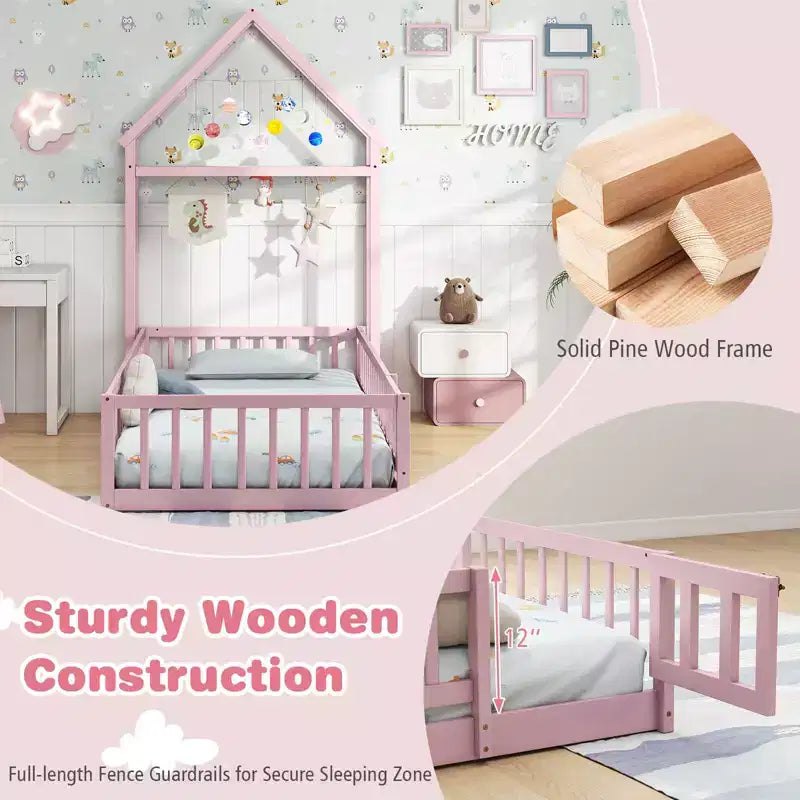 Costway Twin Size House Floor Bed with House-shaped Headboard Clothes Hanger without Slats Gray/Beige/Pink/White
