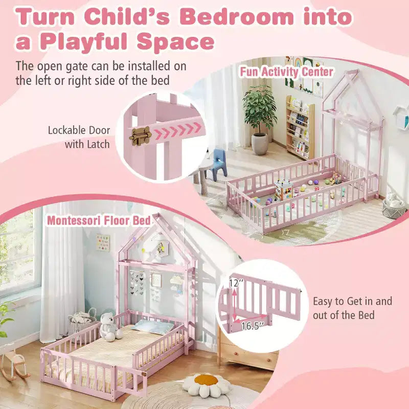 Costway Twin Size House Floor Bed with House-shaped Headboard Clothes Hanger without Slats Gray/Beige/Pink/White