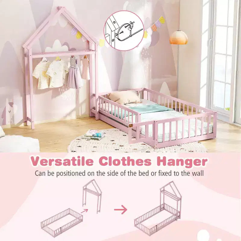 Costway Twin Size House Floor Bed with House-shaped Headboard Clothes Hanger without Slats Gray/Beige/Pink/White