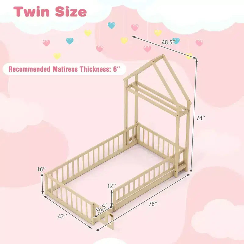 Costway Twin Size House Floor Bed with House-shaped Headboard Clothes Hanger without Slats Gray/Beige/Pink/White