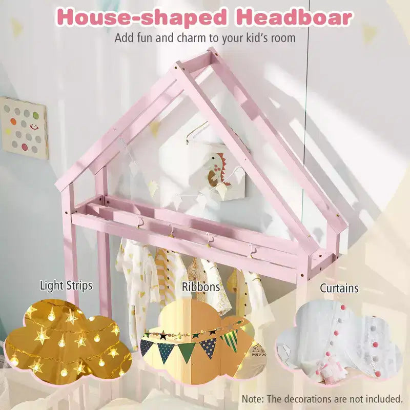 Costway Twin Size House Floor Bed with House-shaped Headboard Clothes Hanger without Slats Gray/Beige/Pink/White
