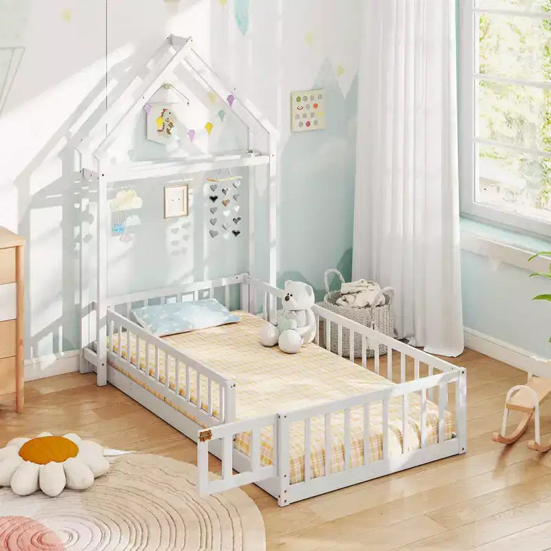 Costway Twin Size House Floor Bed with House-shaped Headboard Clothes Hanger without Slats Gray/Beige/Pink/White
