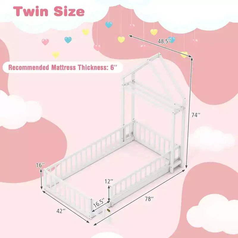 Costway Twin Size House Floor Bed with House-shaped Headboard Clothes Hanger without Slats Gray/Beige/Pink/White