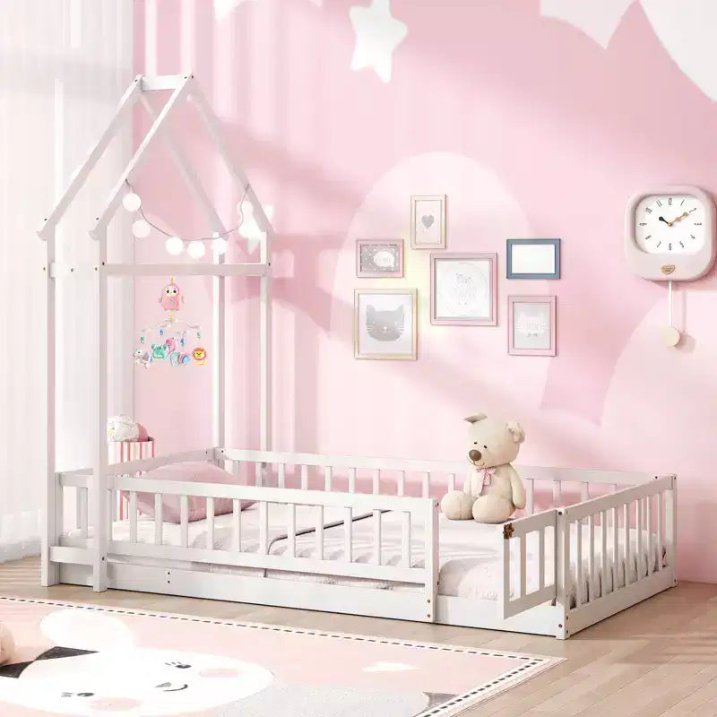 Costway Twin Size House Floor Bed with House-shaped Headboard Clothes Hanger without Slats Gray/Beige/Pink/White