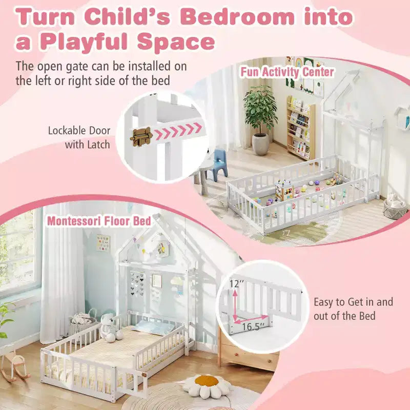 Costway Twin Size House Floor Bed with House-shaped Headboard Clothes Hanger without Slats Gray/Beige/Pink/White