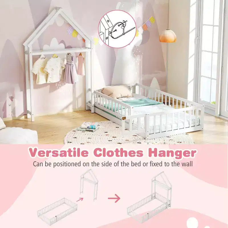 Costway Twin Size House Floor Bed with House-shaped Headboard Clothes Hanger without Slats Gray/Beige/Pink/White
